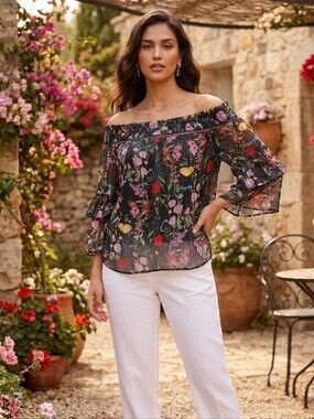 INC International Concepts Black Floral Off-Shoulder Ruffle Blouse